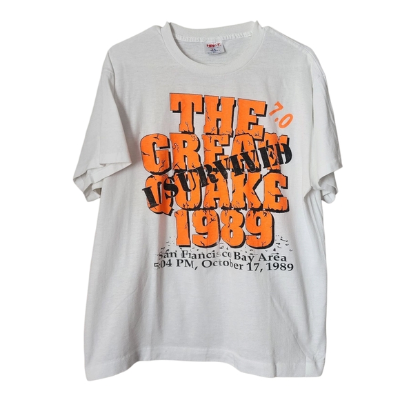VINTAGE 80s I survived San Francisco Earthquake graphic‎ tee neon 1989 XL - Picture 1 of 7